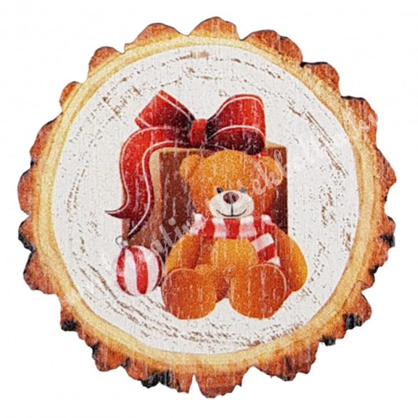 Fa tábla, maci ajándékdobozzal, világosbarna, kerek, 4 cm