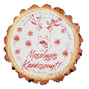 Fa tábla, "Mosolygós Karácsonyt", rénszarvasos, kerek, 4 cm