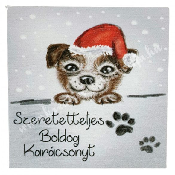 Fa tábla, "Szeretetteljes Boldog Karácsonyt", kutyussal, négyzet, 5,7 cm