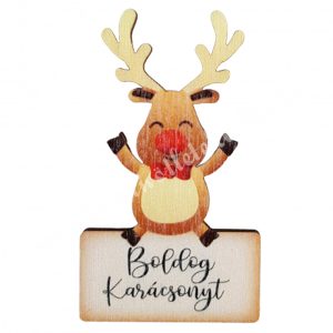 Fafigura, rénszarvas "Boldog Karácsonyt" felirattal, 4x7 cm