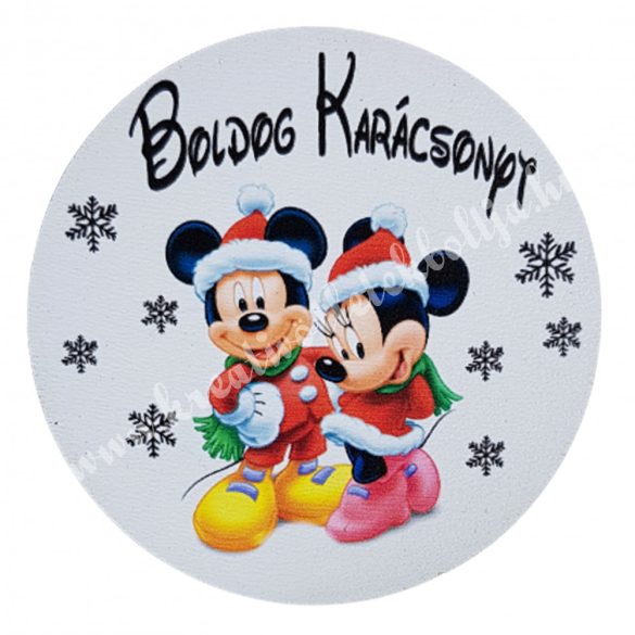 MDF tábla, Mickey és Minnie, "Boldog Karácsonyt", kerek, 7 cm