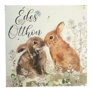 Fa tábla, négyzet, nyuszik, Édes Otthon felirattal, 5,8 cm