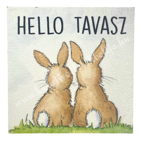 Fa tábla, négyzet, nyuszik, Hello Tavasz felirattal, 5,8 cm