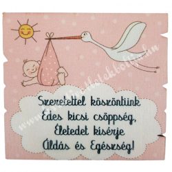   Fa tábla, Idézettel, gólya bébivel, rózsaszín, 7x6,5 cm