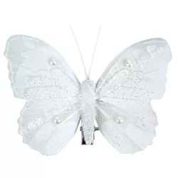 Csipeszes pillangó, csillámos fehér, 7,5x6 cm