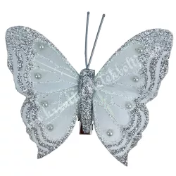 Csipeszes pillangó, csillámos ezüst, 7,5x7 cm