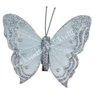 Csipeszes pillangó, csillámos ezüst, 7,5x7 cm