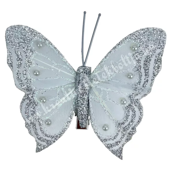 Csipeszes pillangó, csillámos ezüst, 7,5x7 cm