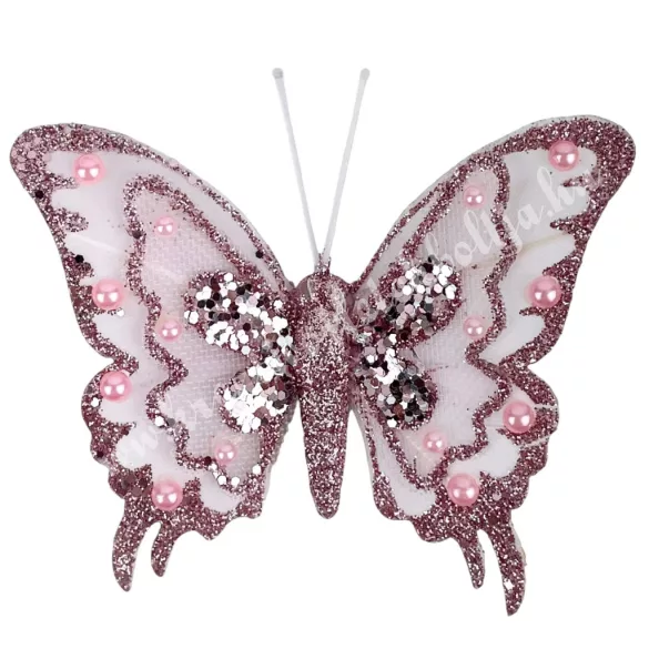 Csipeszes pillangó, csillámos, rózsaszín, 7,5x6,5 cm