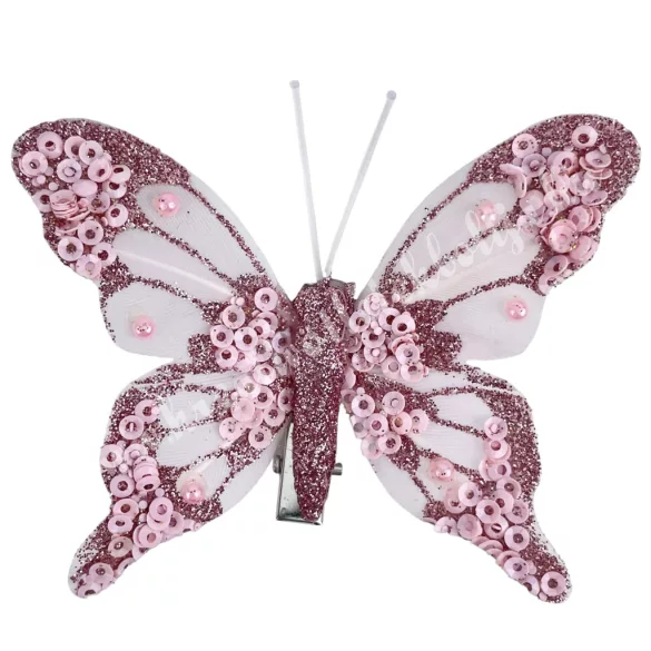 Csipeszes pillangó, csillámos, rózsaszín, 7,5x6,5 cm