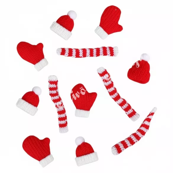 Mini kötött téli kellékek, piros-fehér, 12 db/szett