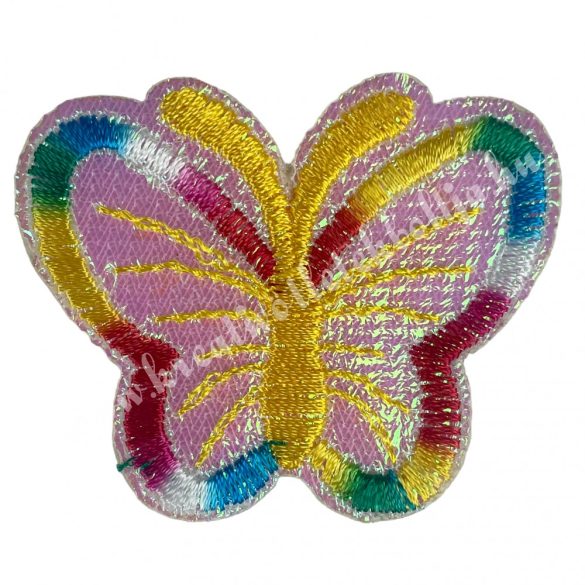 Vasalható matrica, irizáló pillangó, élénk szivárvány, 5,5x4,5 cm