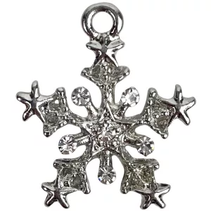 Fémmedál, hópehely strasszal, platina, 2x2,3 cm