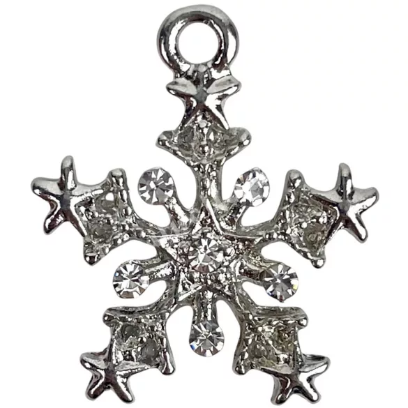 Fémmedál, hópehely strasszal, platina, 2x2,3 cm