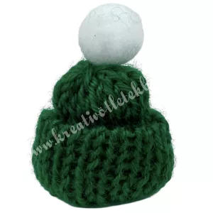 Mini kötött zöld sapka, fehér pomponnal, 3x4 cm