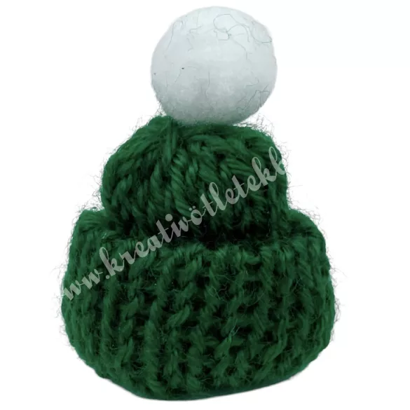 Mini kötött zöld sapka, fehér pomponnal, 3x4 cm
