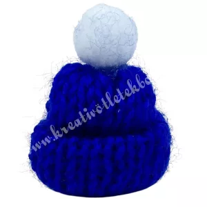 Mini kötött sötétkék sapka, fehér pomponnal, 3x4 cm