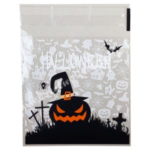 Celofán tasak, Halloween mintával, fehér, 10x13 cm