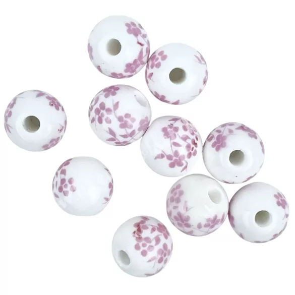 Porcelángyöngy, fehér-rózsaszín, 10 mm