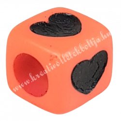 Kockagyöngy, szív mintával, korall, 0,7 cm