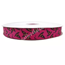   Halloween szalag, magenta alapon fekete boszorkány kalapok, 2,5 cm