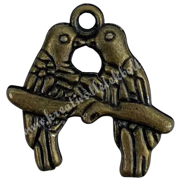 Fémmedál, madarak, antikréz, 1,8x2 cm