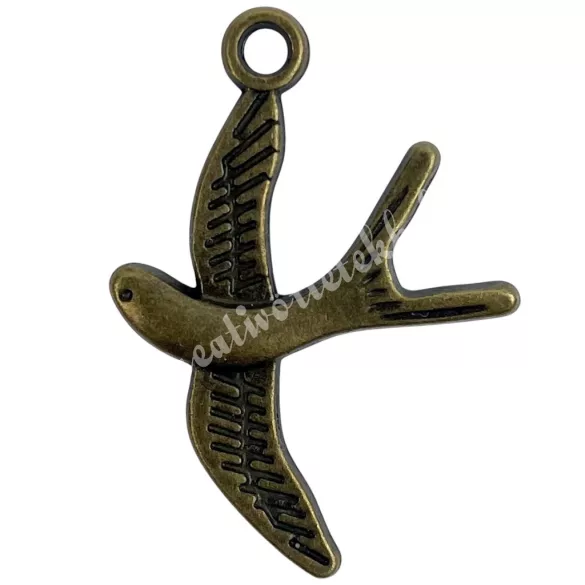 Fémmedál, madár, antikréz, 2,3x3,2 cm