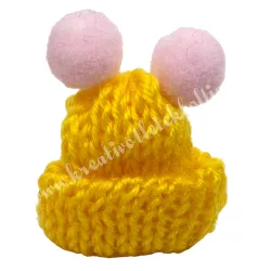   Mini kötött sapka pomponnal, napsárga-rózsaszín, 3,5x4 cm