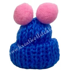   Mini kötött sapka pomponnal, sötétkék-rózsaszín, 3,5x4 cm