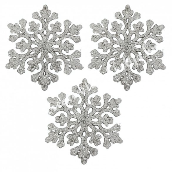 Akasztós hópehely, csillámos, ezüst, 9 cm, 3 db/csomag