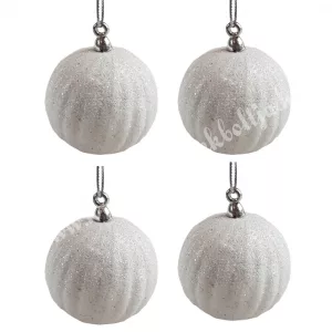 Akasztós bordázott gömb, csillámos, fehér, 5 cm, 4 db/csomag