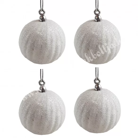 Akasztós bordázott gömb, csillámos, fehér, 5 cm, 4 db/csomag