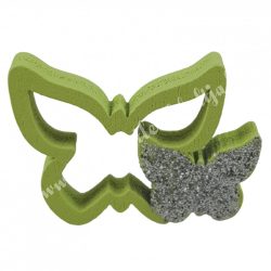   Ragasztható fa pillangó ezüst csillámmal, zöld, 2,6x2,1 cm