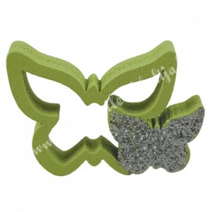 Ragasztható fa pillangó ezüst csillámmal, zöld, 2,6x2,1 cm