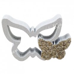   Ragasztható fa pillangó pezsgő csillámmal, fehér, 2,6x2,1 cm