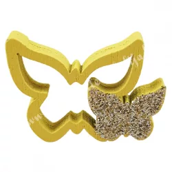   Ragasztható fa pillangó pezsgő csillámmal, sárga, 2,6x2,1 cm