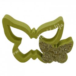   Ragasztható fa pillangó pezsgő csillámmal, zöld, 2,6x2,1 cm