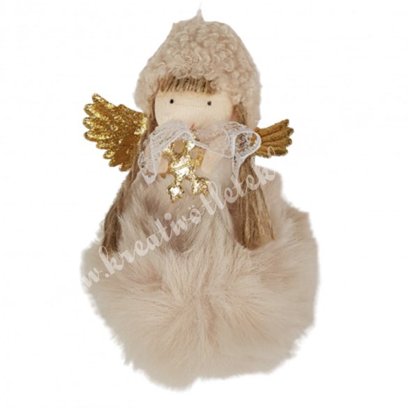 Akasztós angyal hópehellyel, bézs, 7x13 cm