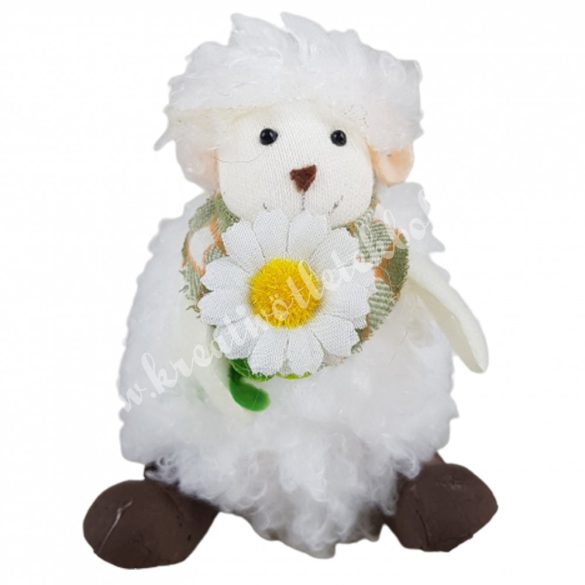 Ülő bárány virággal, fehér, 7x10 cm
