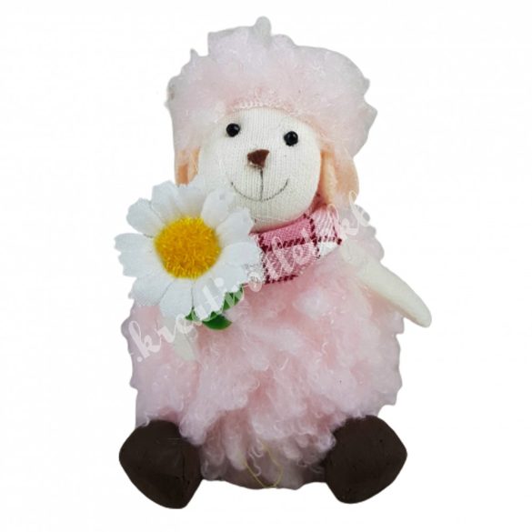Ülő bárány virággal,  rózsaszín, 7x10 cm