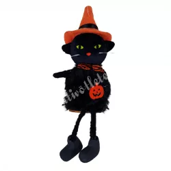 Akasztós fekete macska, halloween kalapban, 6x18 cm