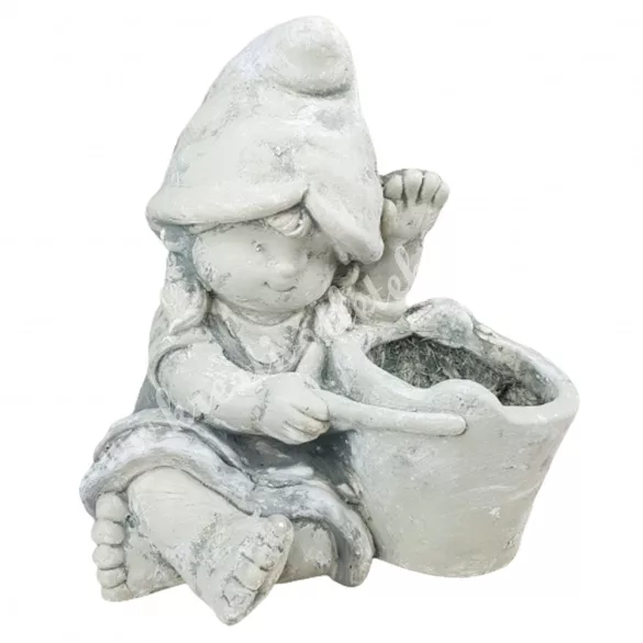 Kültéri kőkaspó, integető kislánnyal, 29x32 cm