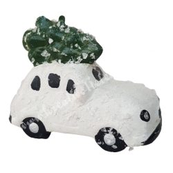 Kerámia havas autó, fenyőfával, fehér, 8,5x7 cm
