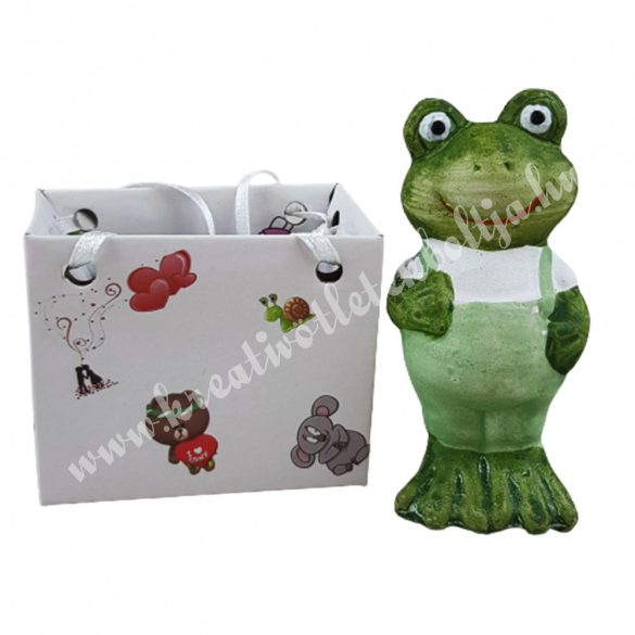 Kerámia béka fiú, ajándéktasakban, zöld-fehér, 4x7,5 cm