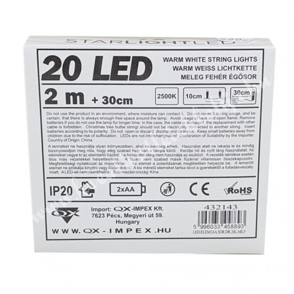 LED-es égősor, 20 izzós, meleg fehér