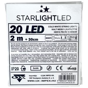 LED-es égősor, 20 izzós, hideg fehér