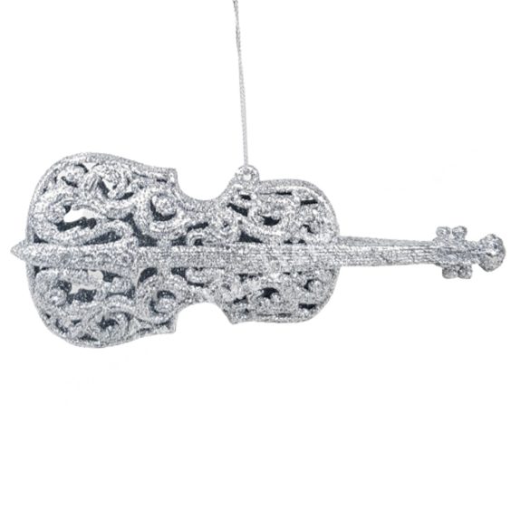 Akasztós hegedű, csillámos, ezüst, 17,5x7 cm