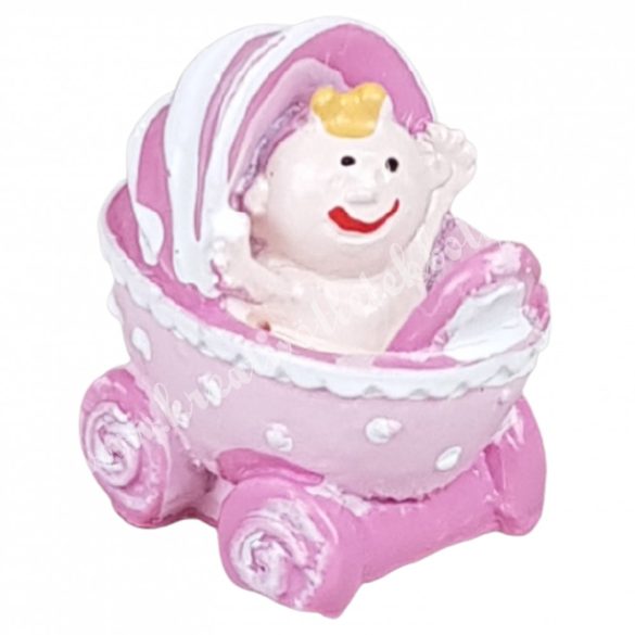 Polyresin babakocsi babával, lány, rózsaszín, 2,5x2,5 cm