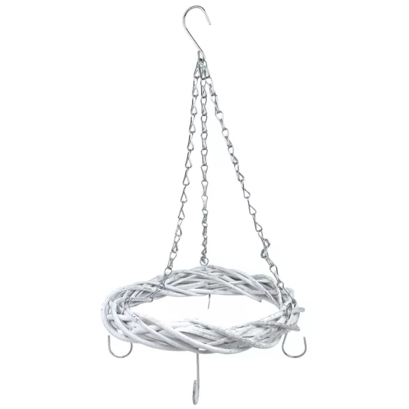 Akasztós vesszőkoszorú kampókkal, fehér, 25 cm