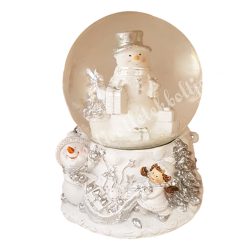 Zenélő hógömb, hóemberrel, ajándékokkal, 11,5x14 cm